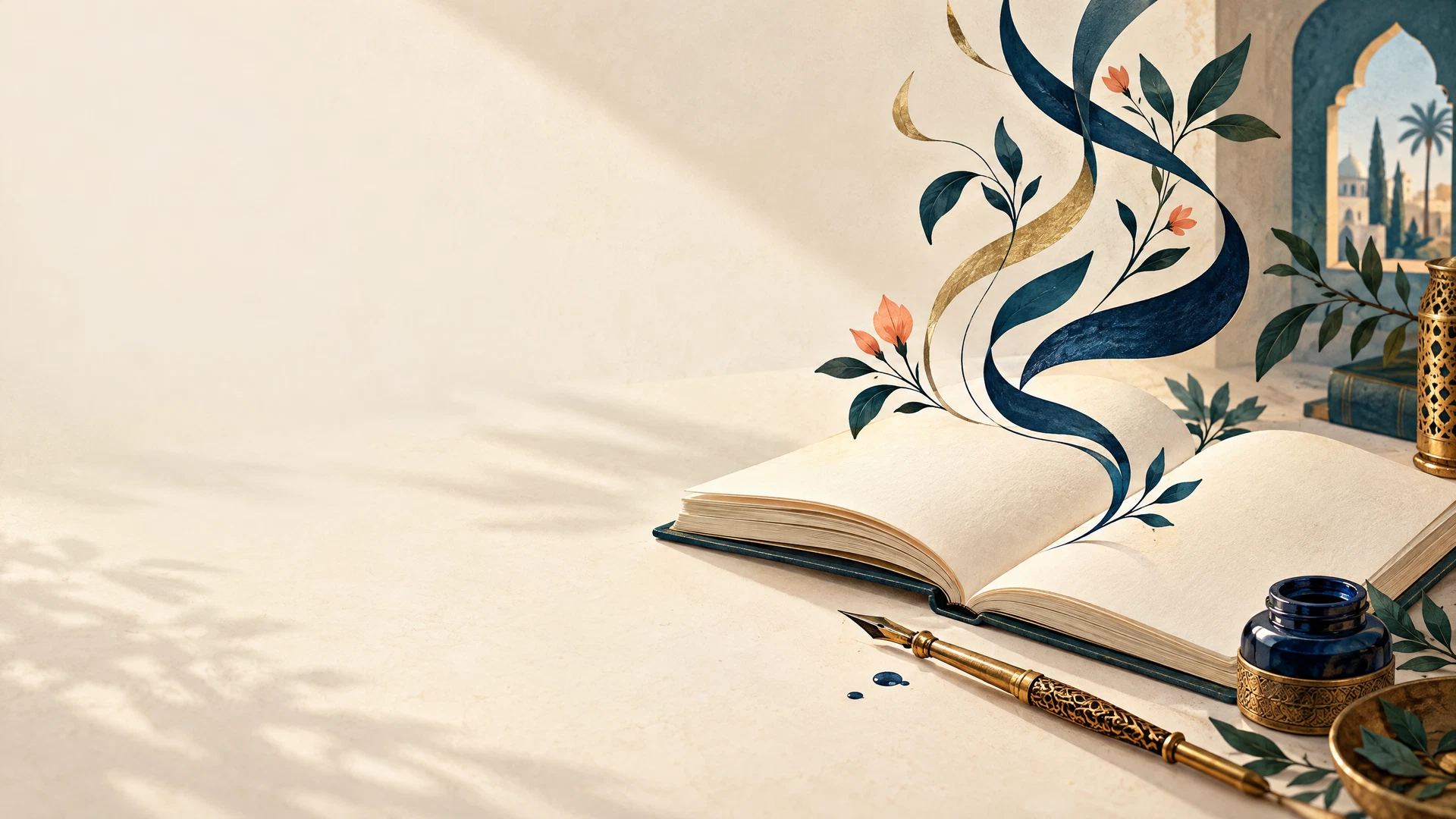 دفتر مفتوح وقلم وحبر في مشهد فني يرمز إلى الكتابة والإبداع باللغة العربية